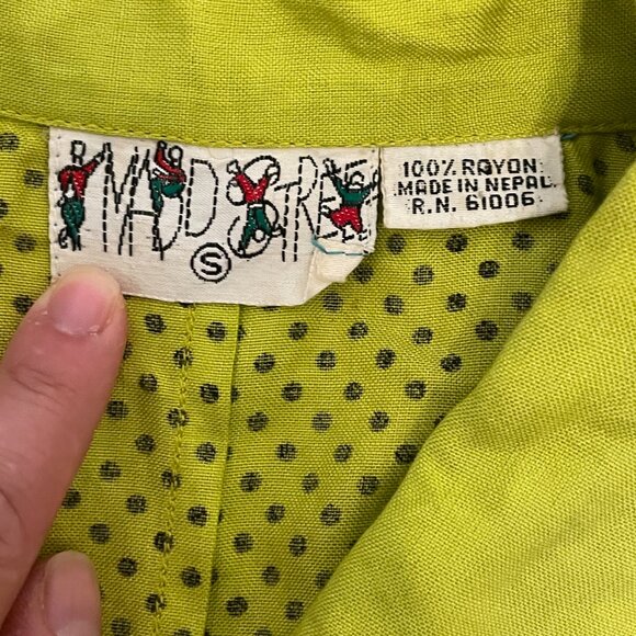 Vintage 1980s 90s Polka Dot Funky Rayon Lime Green Brat Summer Button Up Blouse - Picture 10 of 16